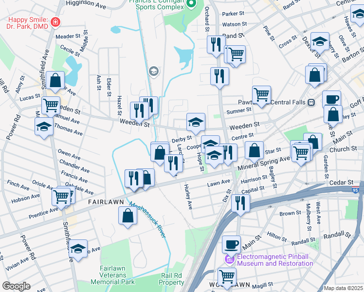 map of restaurants, bars, coffee shops, grocery stores, and more near 54 Cooper Street in Pawtucket