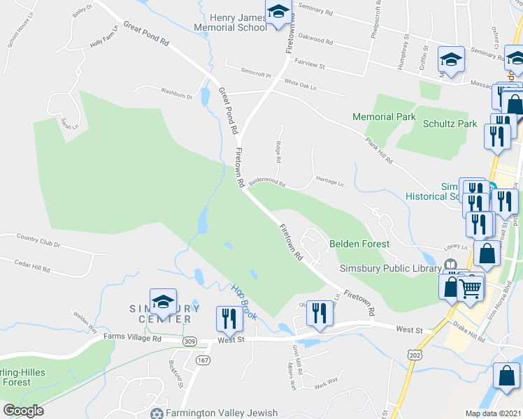 map of restaurants, bars, coffee shops, grocery stores, and more near 68 Firetown Road in Simsbury