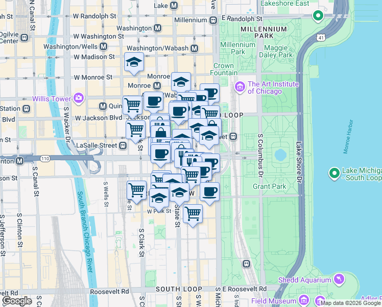 map of restaurants, bars, coffee shops, grocery stores, and more near 11 East Ida B. Wells Drive in Chicago
