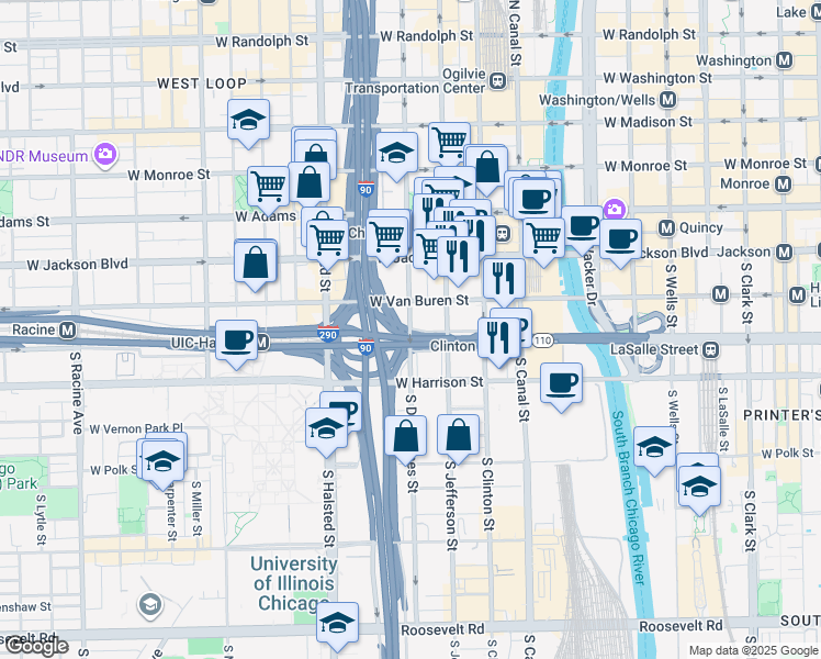 map of restaurants, bars, coffee shops, grocery stores, and more near 441 South Desplaines Street in Chicago