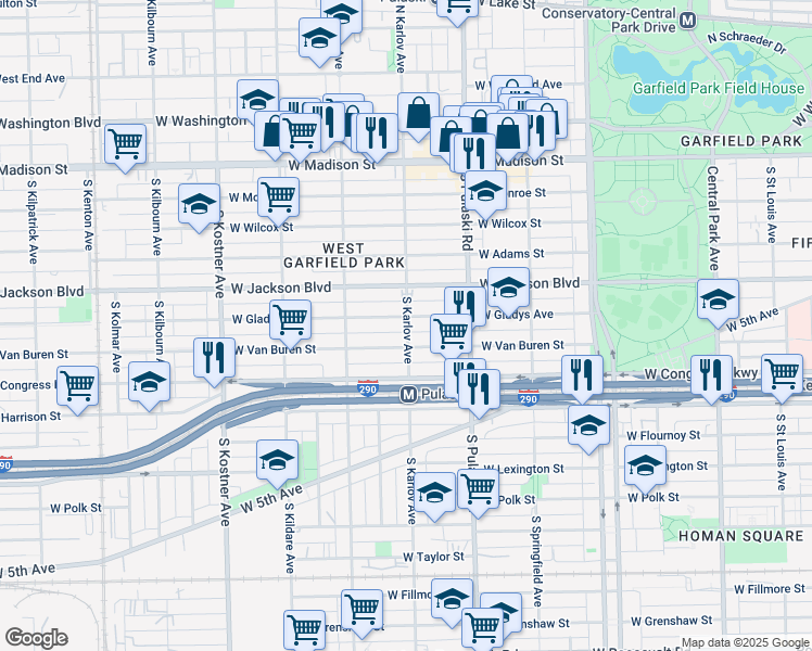 map of restaurants, bars, coffee shops, grocery stores, and more near 4050 West Van Buren Street in Chicago