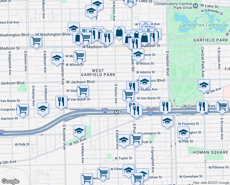map of restaurants, bars, coffee shops, grocery stores, and more near 4050 West Van Buren Street in Chicago