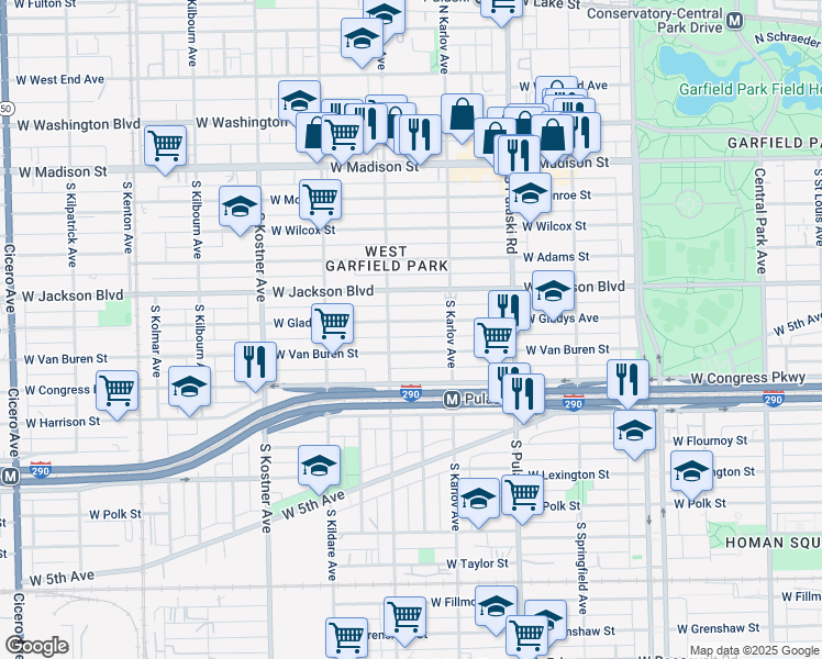 map of restaurants, bars, coffee shops, grocery stores, and more near 4126 West Van Buren Street in Chicago