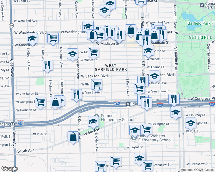 map of restaurants, bars, coffee shops, grocery stores, and more near 4200 West Van Buren Street in Chicago