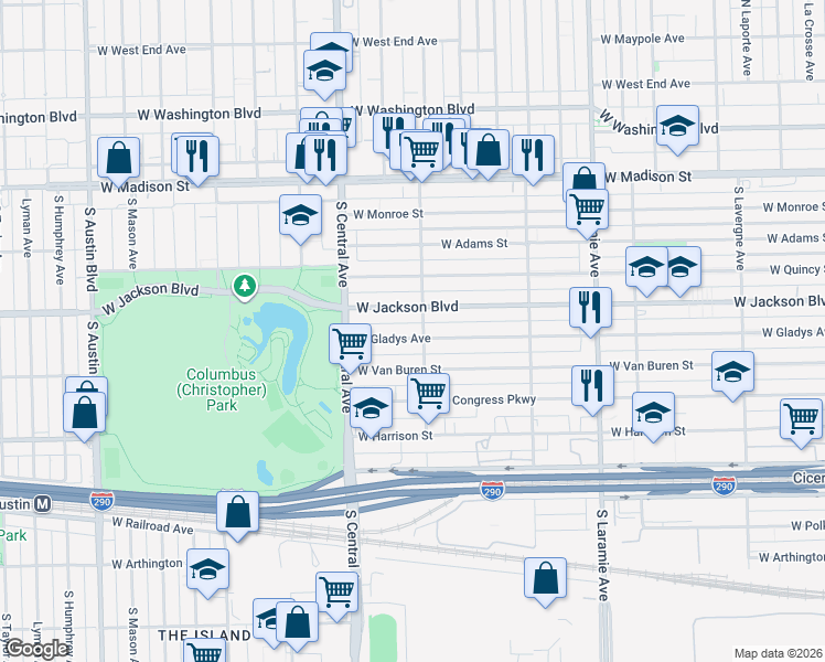 map of restaurants, bars, coffee shops, grocery stores, and more near 5507 West Gladys Avenue in Chicago