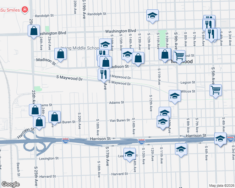 map of restaurants, bars, coffee shops, grocery stores, and more near 1241 South 16th Avenue in Maywood