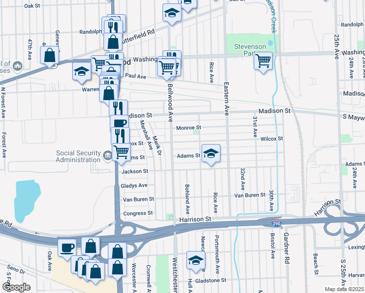 map of restaurants, bars, coffee shops, grocery stores, and more near 3611 Adams Street in Bellwood