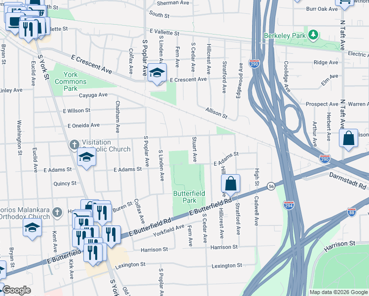 map of restaurants, bars, coffee shops, grocery stores, and more near 380 Aberdeen Court in Elmhurst