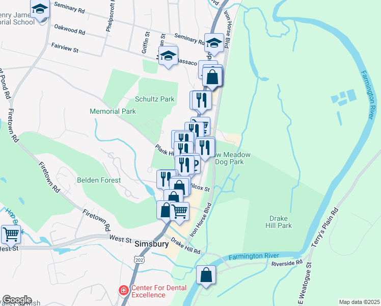 map of restaurants, bars, coffee shops, grocery stores, and more near 800 Hopmeadow Street in Simsbury