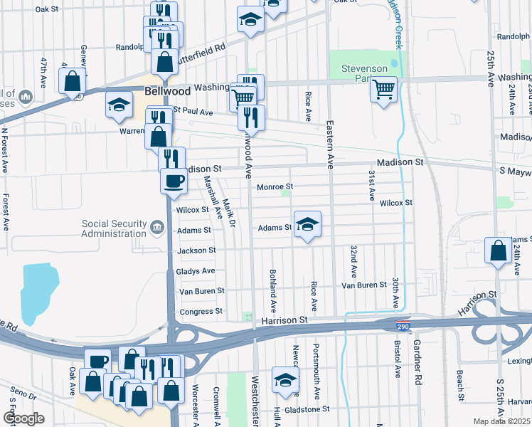 map of restaurants, bars, coffee shops, grocery stores, and more near 3611 Adams Street in Bellwood