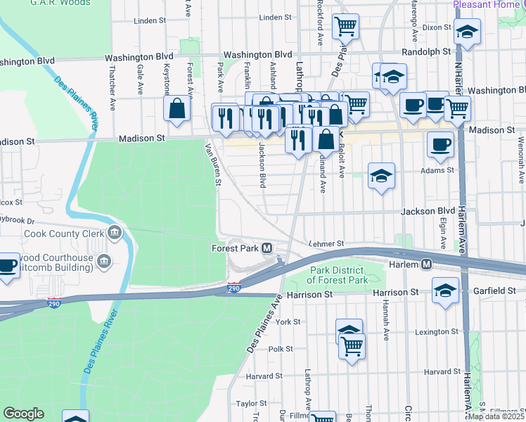 map of restaurants, bars, coffee shops, grocery stores, and more near 539 Jackson Boulevard in Forest Park