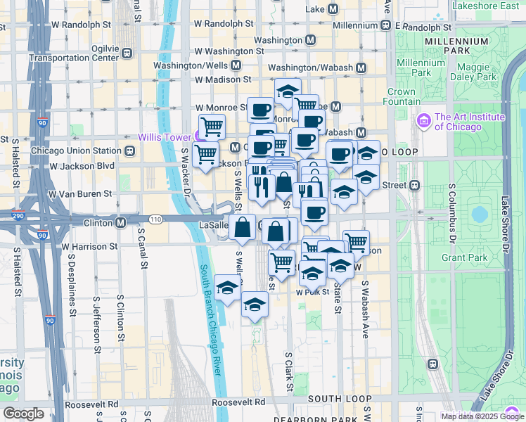 map of restaurants, bars, coffee shops, grocery stores, and more near 343 South LaSalle Street in Chicago