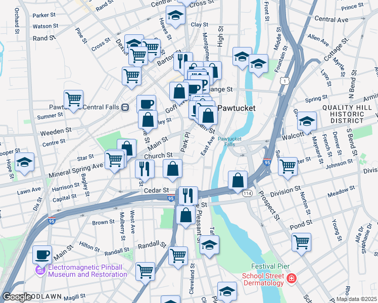 map of restaurants, bars, coffee shops, grocery stores, and more near 50 Park Place in Pawtucket