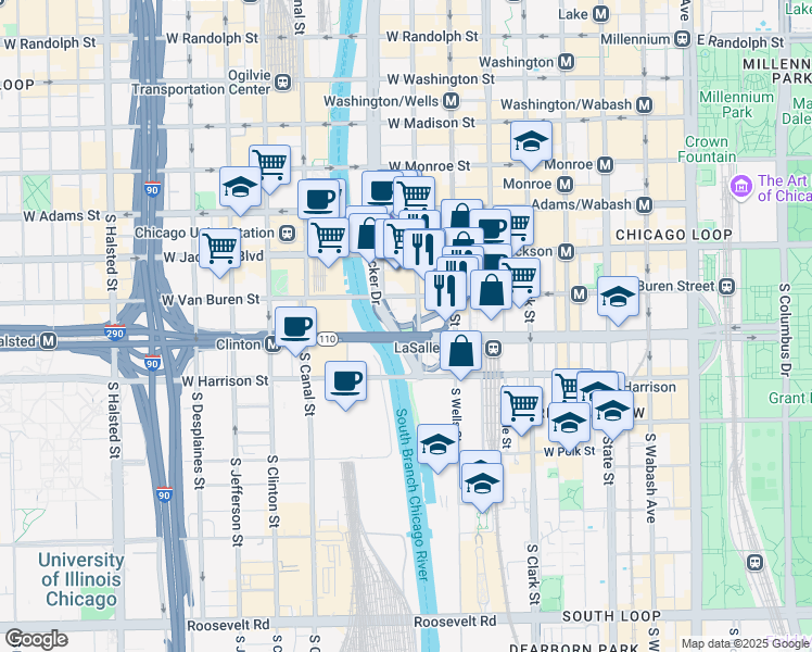 map of restaurants, bars, coffee shops, grocery stores, and more near 438 South Franklin Street in Chicago