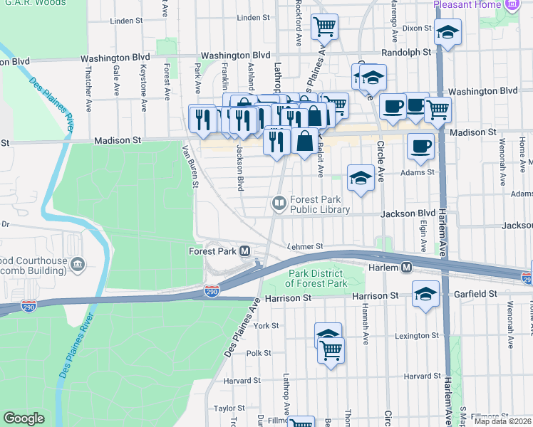 map of restaurants, bars, coffee shops, grocery stores, and more near 7644 Jackson Boulevard in Forest Park