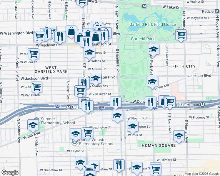 map of restaurants, bars, coffee shops, grocery stores, and more near 3820 West Van Buren Street in Chicago