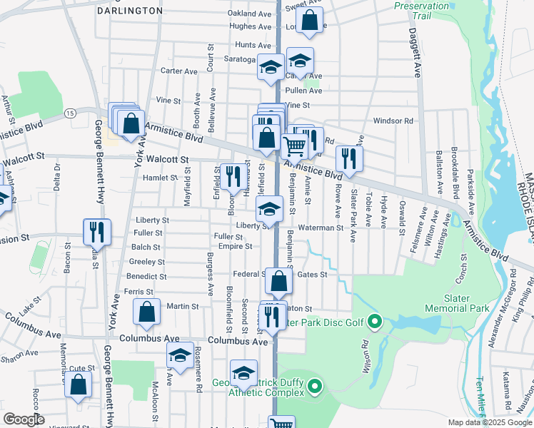 map of restaurants, bars, coffee shops, grocery stores, and more near 244 Liberty Street in Pawtucket