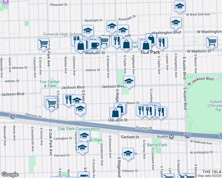 map of restaurants, bars, coffee shops, grocery stores, and more near 719 South Ridgeland Avenue in Oak Park