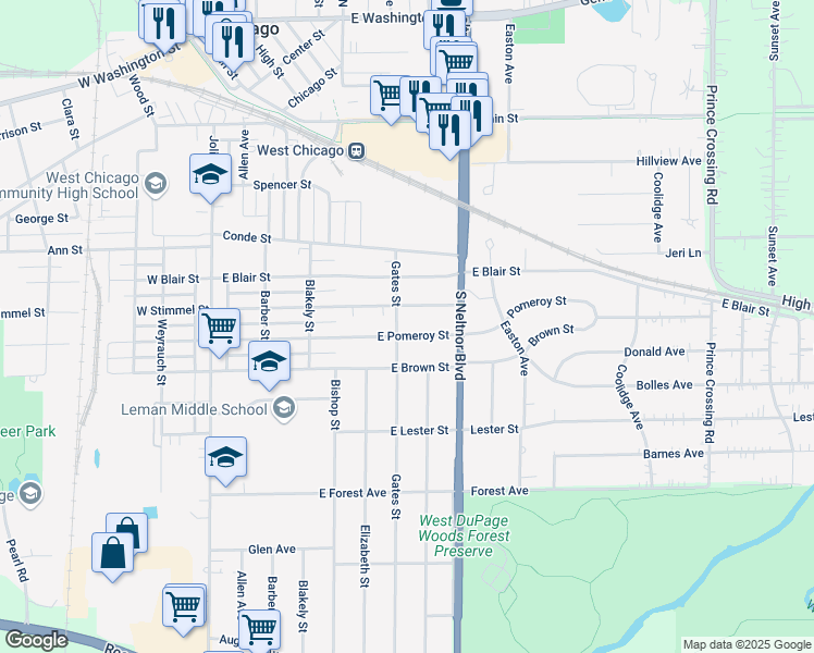 map of restaurants, bars, coffee shops, grocery stores, and more near 502 East Pomeroy Street in West Chicago