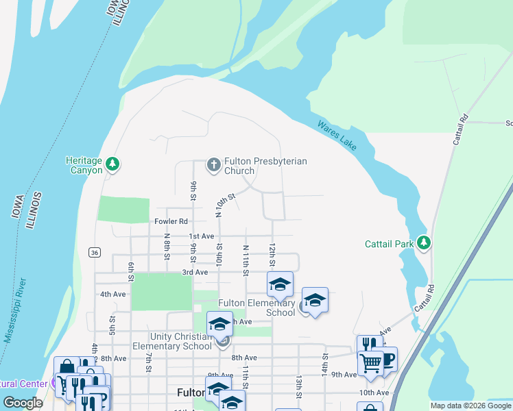 map of restaurants, bars, coffee shops, grocery stores, and more near 201 Maple Lane in Fulton