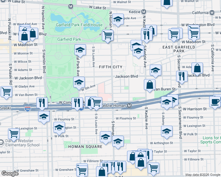 map of restaurants, bars, coffee shops, grocery stores, and more near 340 South Homan Avenue in Chicago