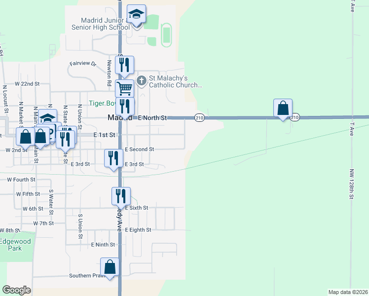 map of restaurants, bars, coffee shops, grocery stores, and more near 117 South County Road in Madrid