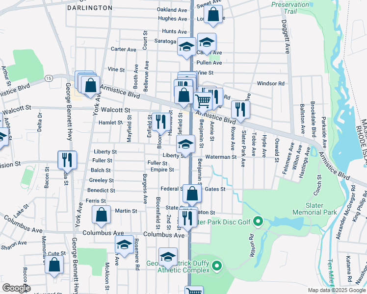 map of restaurants, bars, coffee shops, grocery stores, and more near 244 Liberty Street in Pawtucket