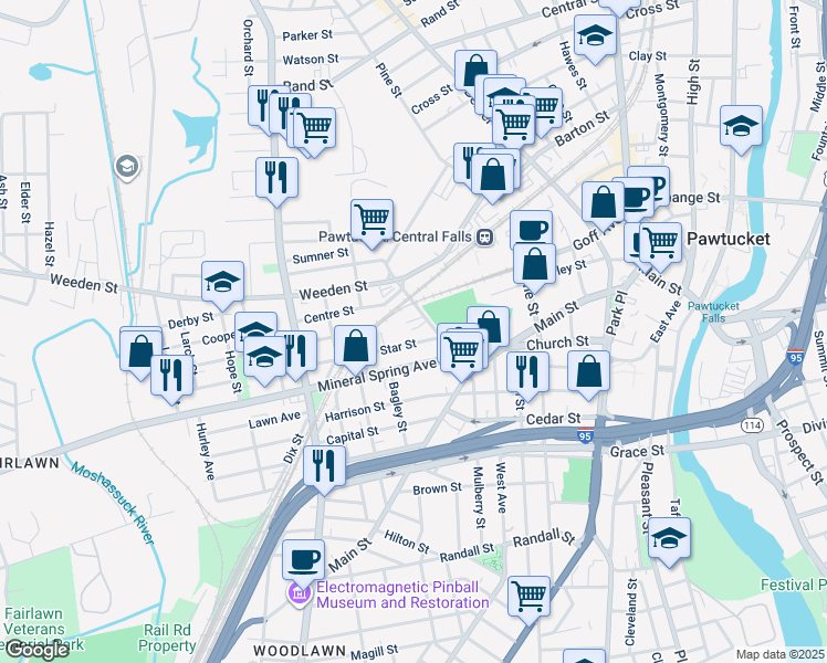 map of restaurants, bars, coffee shops, grocery stores, and more near 48 Star Street in Pawtucket