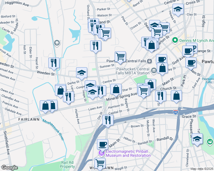 map of restaurants, bars, coffee shops, grocery stores, and more near 40 Thornley Street in Pawtucket