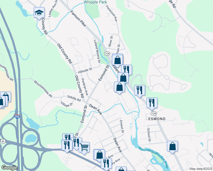 map of restaurants, bars, coffee shops, grocery stores, and more near 12 Oak Street in Smithfield
