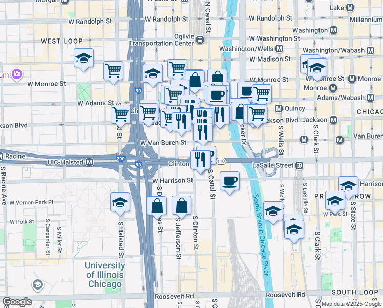 map of restaurants, bars, coffee shops, grocery stores, and more near 506 West Harrison Street in Chicago