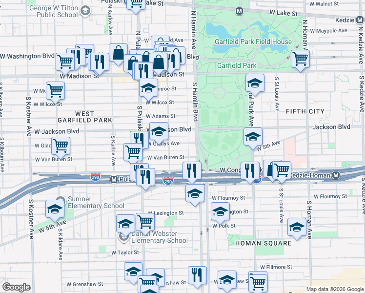 map of restaurants, bars, coffee shops, grocery stores, and more near 3820 West Van Buren Street in Chicago