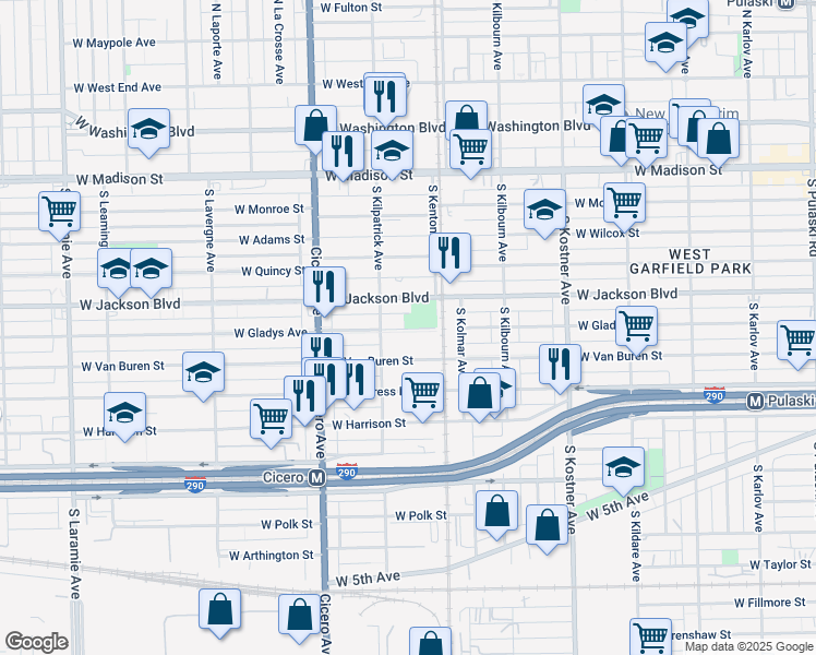 map of restaurants, bars, coffee shops, grocery stores, and more near 4620 West Van Buren Street in Chicago