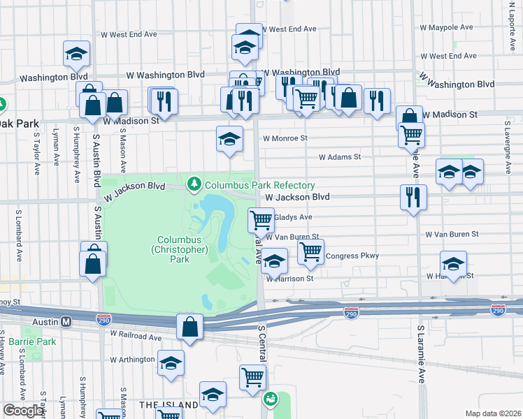map of restaurants, bars, coffee shops, grocery stores, and more near 325 South Central Avenue in Chicago
