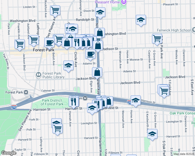 map of restaurants, bars, coffee shops, grocery stores, and more near 610 Elgin Avenue in Forest Park