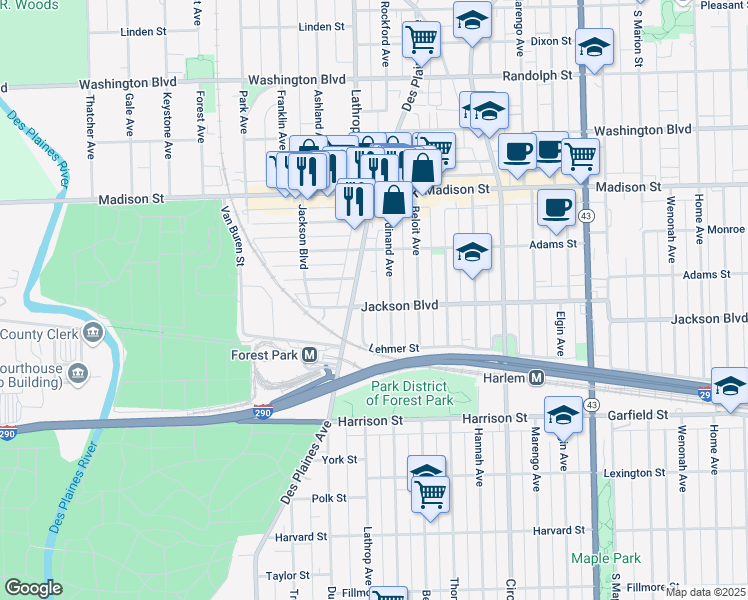 map of restaurants, bars, coffee shops, grocery stores, and more near 7556 Jackson Boulevard in Forest Park