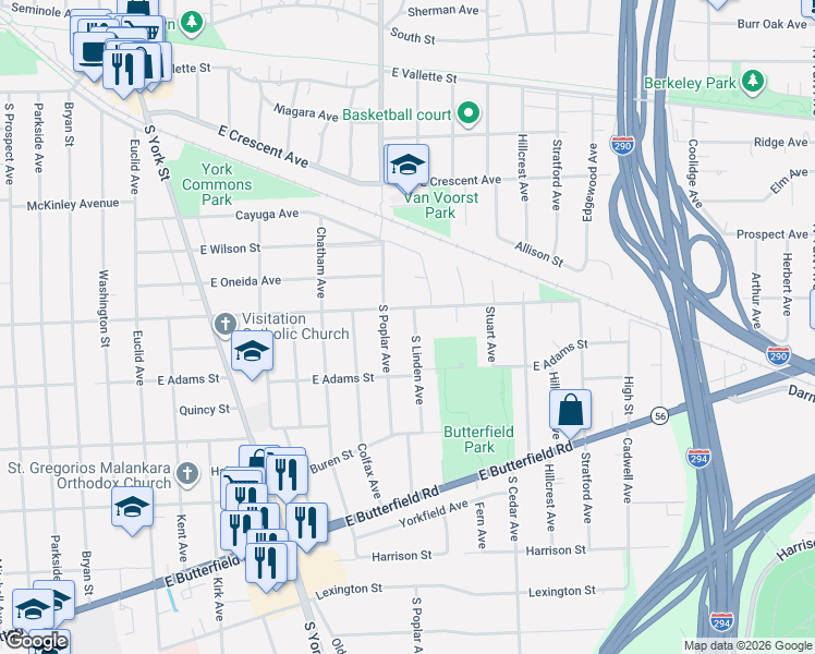 map of restaurants, bars, coffee shops, grocery stores, and more near 795 South Linden Avenue in Elmhurst