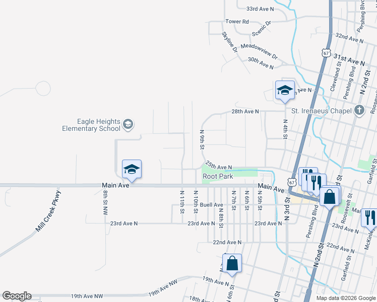map of restaurants, bars, coffee shops, grocery stores, and more near 2501-2635 N 11th St in Clinton