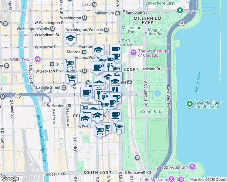 map of restaurants, bars, coffee shops, grocery stores, and more near 430 South Michigan Avenue in Chicago