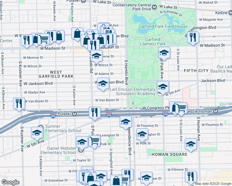 map of restaurants, bars, coffee shops, grocery stores, and more near 3839 West Gladys Avenue in Chicago