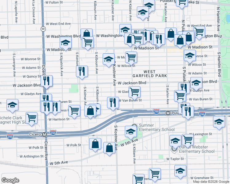 map of restaurants, bars, coffee shops, grocery stores, and more near S Kostner Ave & W Gladys Ave in Chicago