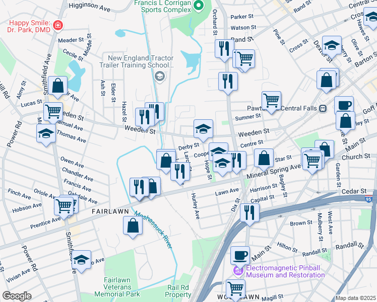 map of restaurants, bars, coffee shops, grocery stores, and more near 63 Larch Street in Pawtucket