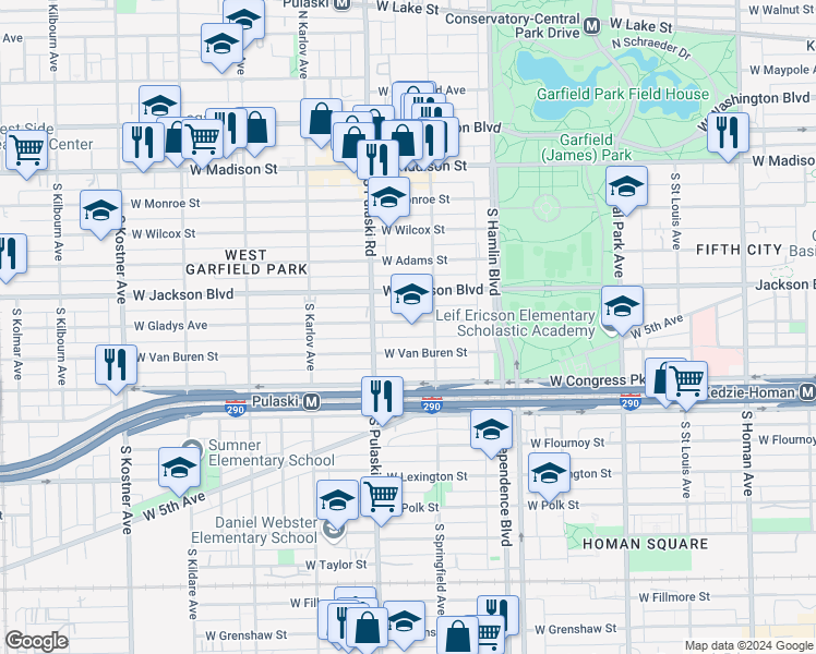 map of restaurants, bars, coffee shops, grocery stores, and more near 3925 West Gladys Avenue in Chicago