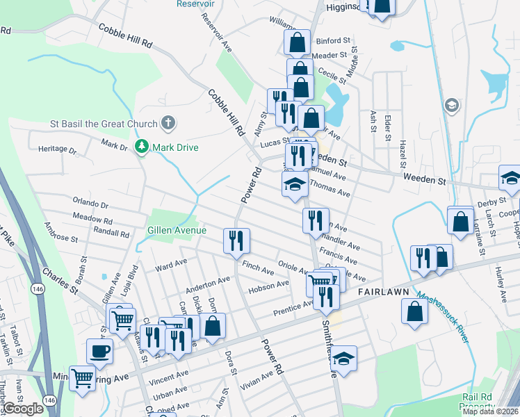 map of restaurants, bars, coffee shops, grocery stores, and more near 151 Francis Avenue in Pawtucket