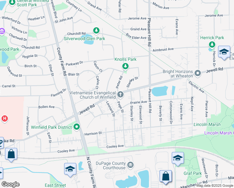 map of restaurants, bars, coffee shops, grocery stores, and more near 1335 Jewell Road in Wheaton