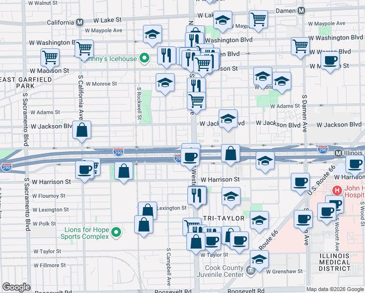 map of restaurants, bars, coffee shops, grocery stores, and more near 430 South Western Avenue in Chicago