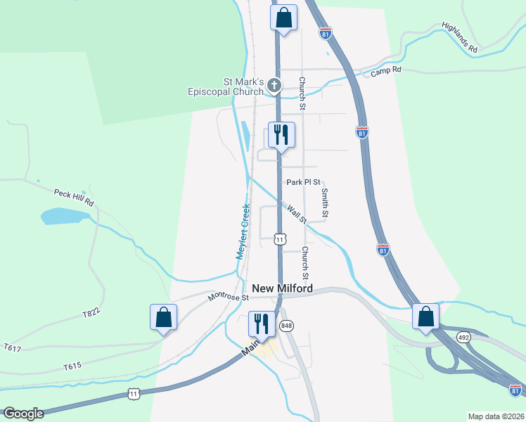 map of restaurants, bars, coffee shops, grocery stores, and more near 34 Delaware Street in New Milford