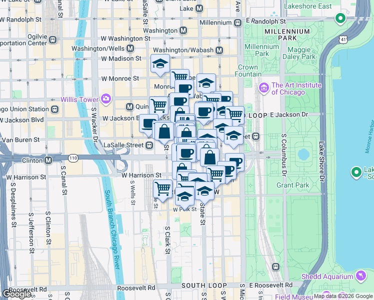 map of restaurants, bars, coffee shops, grocery stores, and more near 514 South State Street in Chicago