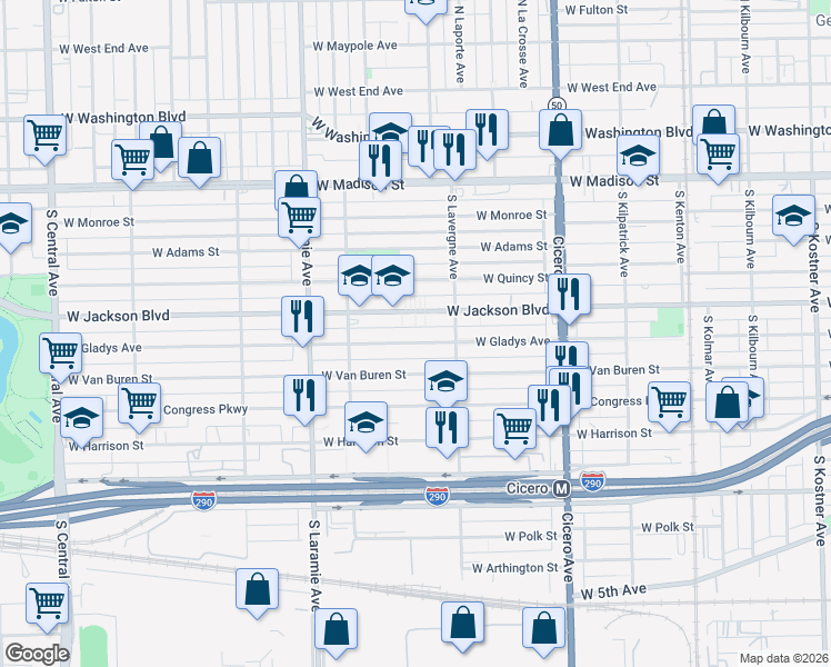map of restaurants, bars, coffee shops, grocery stores, and more near 5055 West Gladys Avenue in Chicago