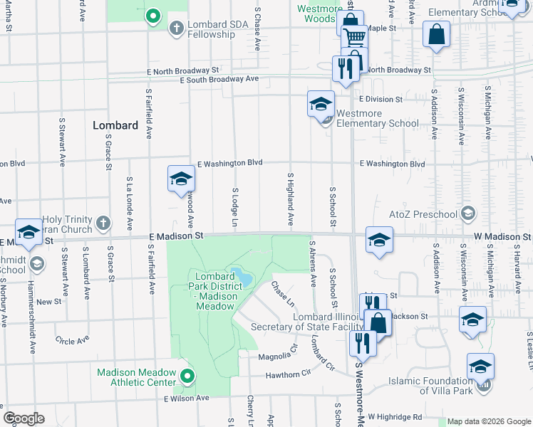 map of restaurants, bars, coffee shops, grocery stores, and more near 734 East Madison Street in Lombard